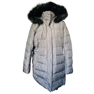 Lands End Women's Puffer Coat Hooded Faux Fur Trim charcoal Gray Size 14-16